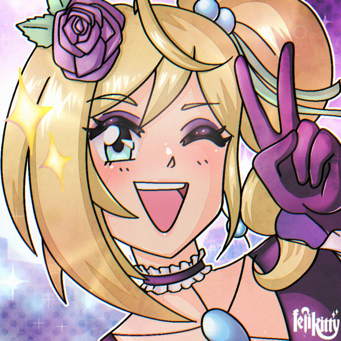 Anime magical girl with a big open smile, holding the victory sign and winking.