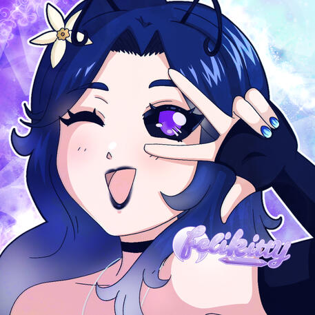 Chroma - Katie Headshot of Chroma Katie, monarch butterfly themed vtuber, blue hair with a white ombre, purple eyes with black sclera, winking with an open smile.