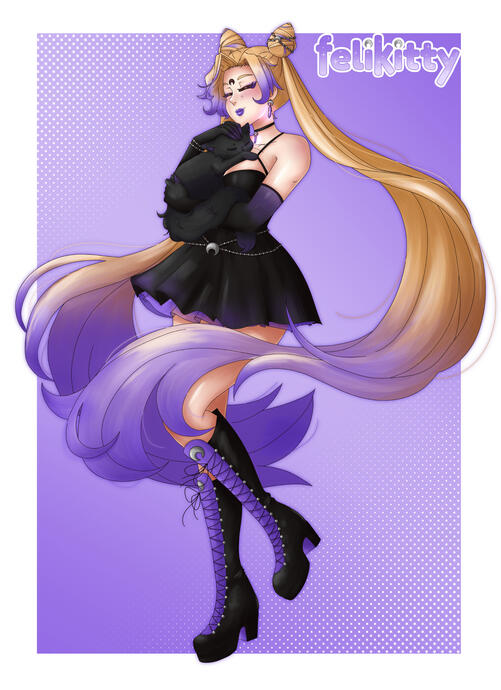 FeliKitty and Void the cat embracing on a purple background - Displaying FeliKitty's first logo